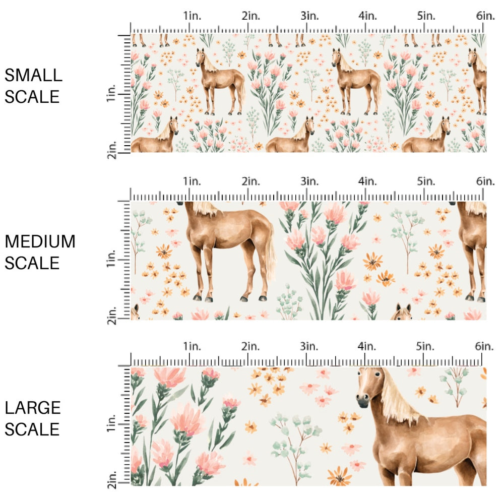 This scale chart of small scale, medium scale, and large scale of this summer fabric by the yard features horses and blush wildflowers on cream. This fun summer themed fabric can be used for all your sewing and crafting needs!