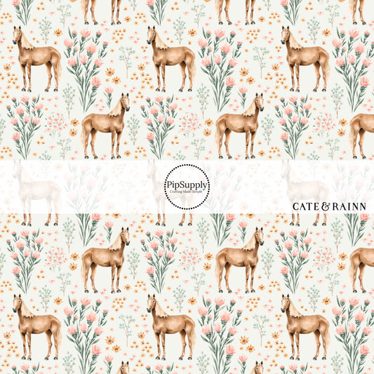 This summer fabric by the yard features horses and blush wildflowers on cream. This fun summer themed fabric can be used for all your sewing and crafting needs!