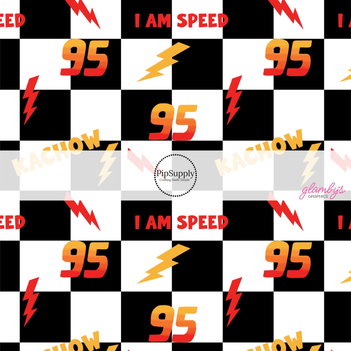 This car inspired movie fabric by the yard features the following design: "I Am Speed," "Kachow," "95," and lighting bolts on black and white checkered pattern. This fun themed fabric can be used for all your sewing and crafting needs!