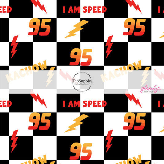 This car inspired movie fabric by the yard features the following design: "I Am Speed," "Kachow," "95," and lighting bolts on black and white checkered pattern. This fun themed fabric can be used for all your sewing and crafting needs!