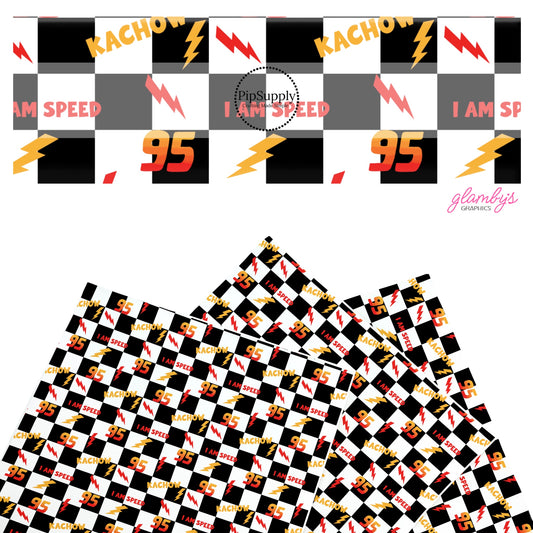 This car inspired movie faux leather sheets contain the following design: "I Am Speed," "Kachow," "95," and lighting bolts on black and white checkered pattern. Our CPSIA compliant faux leather sheets or rolls can be used for all types of crafting projects.