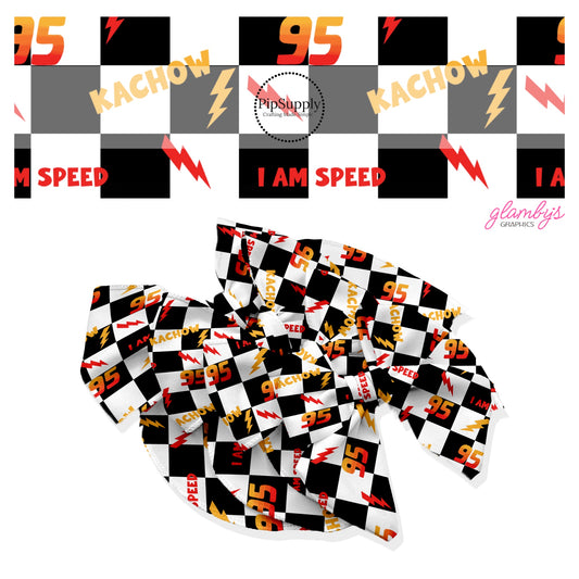 These car inspired movie themed no sew bow strips can be easily tied and attached to a clip for a finished hair bow. These fun themed patterned bow strips are great for personal use or to sell. These bow strips feature the following design: "I Am Speed," "Kachow," "95," and lighting bolts on black and white checkered pattern.