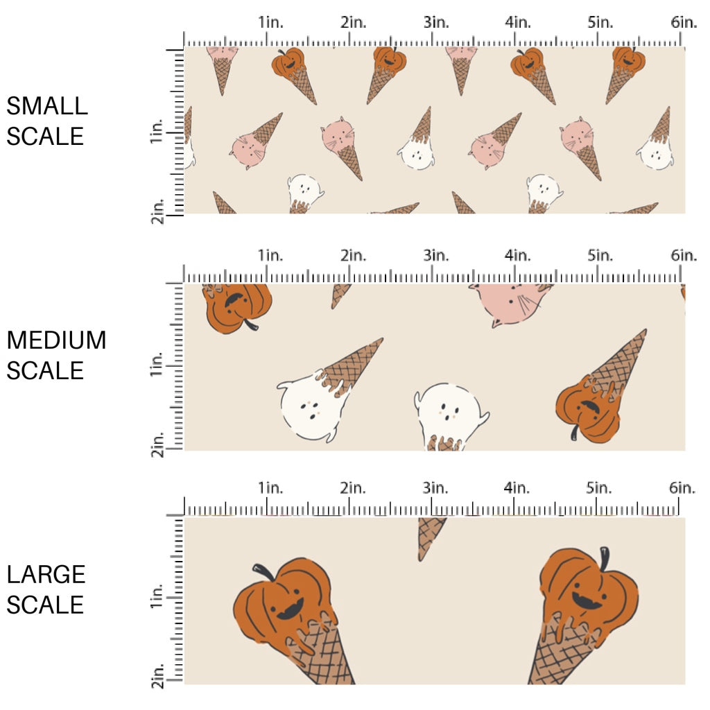 This scale chart of small scale, medium scale, and large scale of these Halloween themed pattern fabric by the yard features the following design elements: Halloween themed ice cream cones. This fun spooky themed fabric can be used for all your sewing and crafting needs!