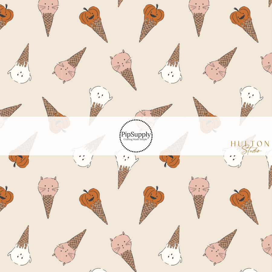 These Halloween themed pattern fabric by the yard features the following design elements: Halloween themed ice cream cones. This fun spooky themed fabric can be used for all your sewing and crafting needs!