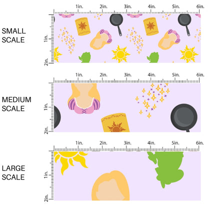 This scale chart of small scale, medium scale, and large scale of this magical adventure inspired fabric by the yard features the following design: long hair princess, suns, and fry pans on light purple. This fun themed fabric can be used for all your sewing and crafting needs!