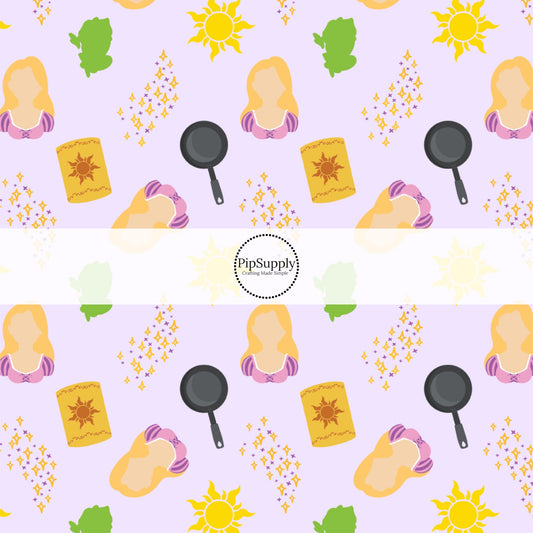 This magical adventure inspired fabric by the yard features the following design: long hair princess, suns, and fry pans on light purple. This fun themed fabric can be used for all your sewing and crafting needs!