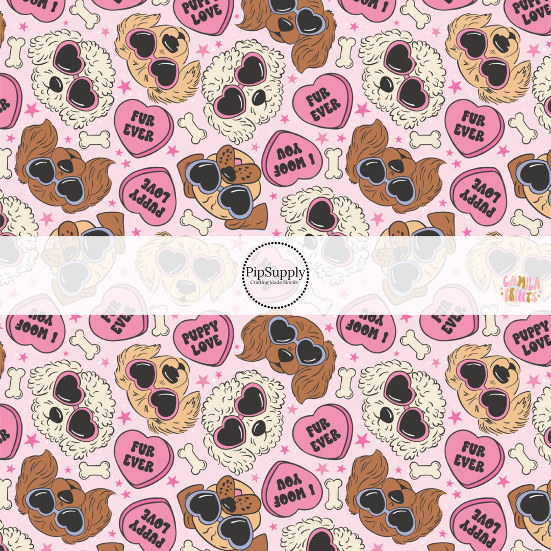 This holiday fabric by the yard features puppies and hearts. This festive pattern fabric can be used for all your sewing and crafting needs!