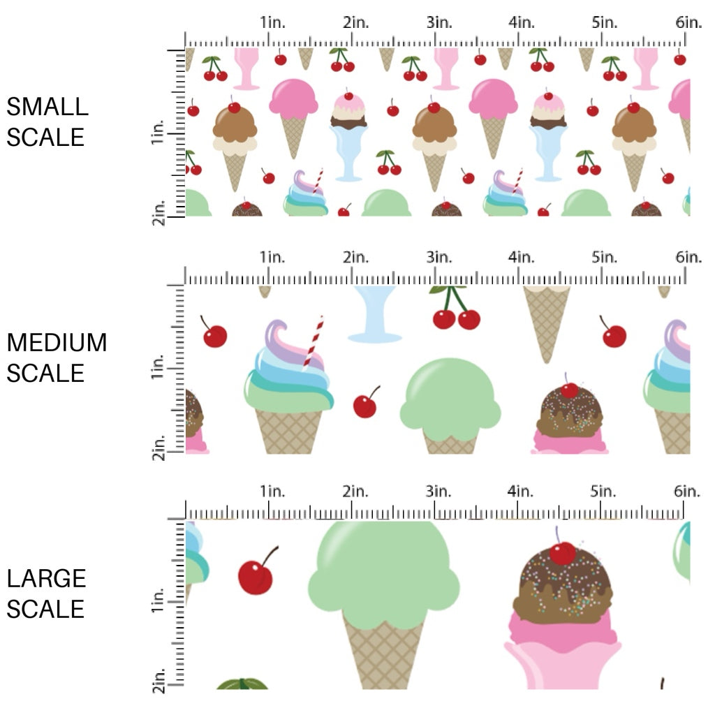 This scale chart of small scale, medium scale, and large scale of this celebration fabric by the yard features ice cream cones and ice cream sundaes. This fun themed fabric can be used for all your sewing and crafting needs!