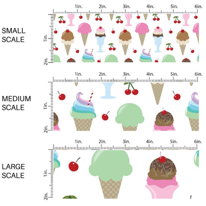This scale chart of small scale, medium scale, and large scale of this celebration fabric by the yard features ice cream cones and ice cream sundaes. This fun themed fabric can be used for all your sewing and crafting needs!