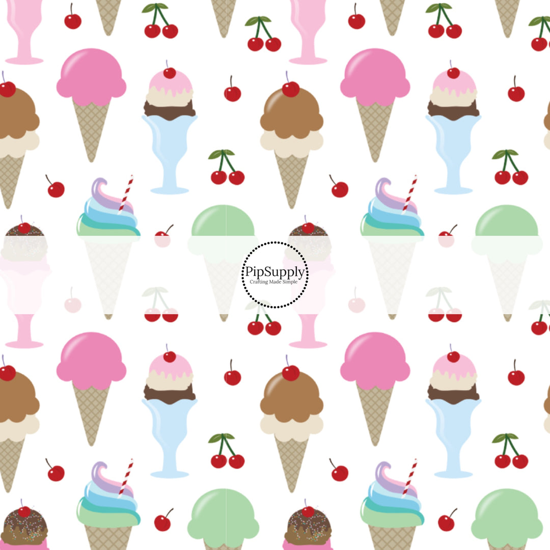 This celebration fabric by the yard features ice cream cones and ice cream sundaes. This fun themed fabric can be used for all your sewing and crafting needs!