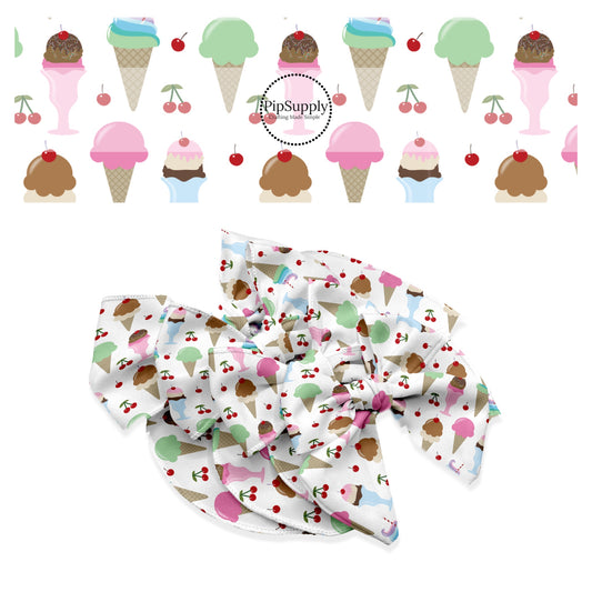 These celebration themed no sew bow strips can be easily tied and attached to a clip for a finished hair bow. These patterned bow strips are great for personal use or to sell. These bow strips feature ice cream cones and ice cream sundaes.