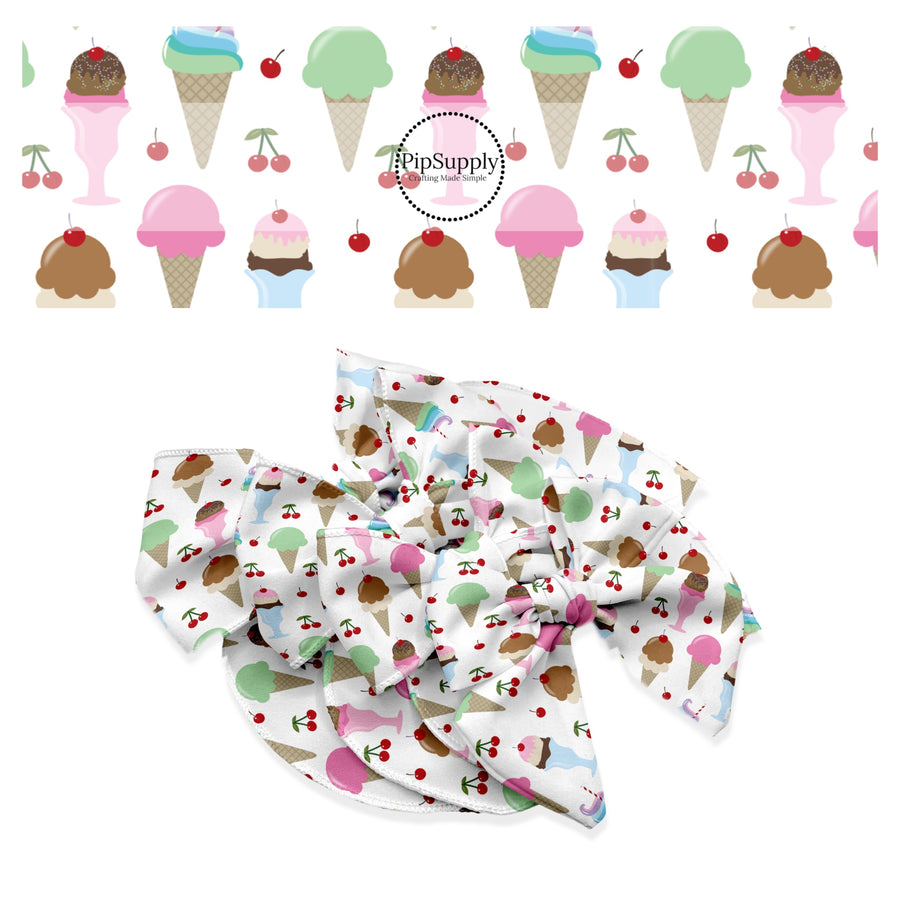 These celebration themed no sew bow strips can be easily tied and attached to a clip for a finished hair bow. These patterned bow strips are great for personal use or to sell. These bow strips feature ice cream cones and ice cream sundaes.