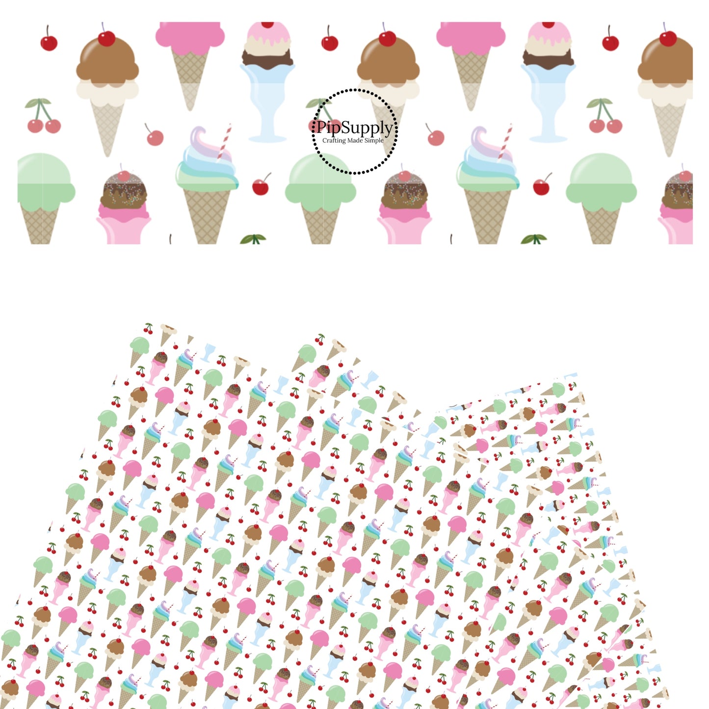 These celebration faux leather sheets contain the following design elements: ice cream cones and ice cream sundaes. Our CPSIA compliant faux leather sheets or rolls can be used for all types of crafting projects.