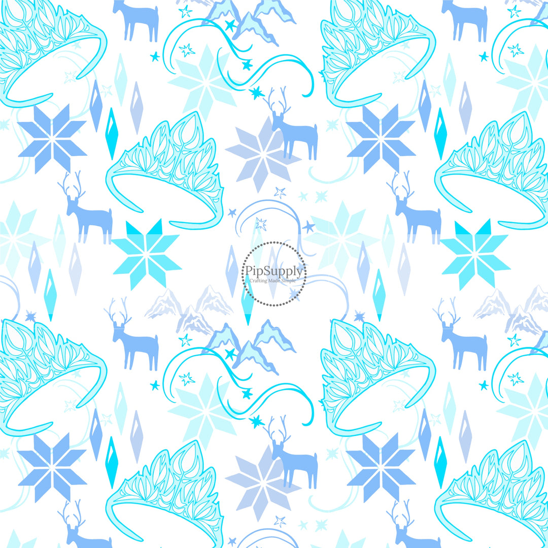 These magical princess themed fabric by the yard features tiaras, snowflakes, and reindeers. This fun pattern fabric can be used for all your sewing and crafting needs.
