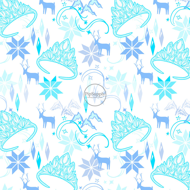 These magical princess themed fabric by the yard features tiaras, snowflakes, and reindeers. This fun pattern fabric can be used for all your sewing and crafting needs.