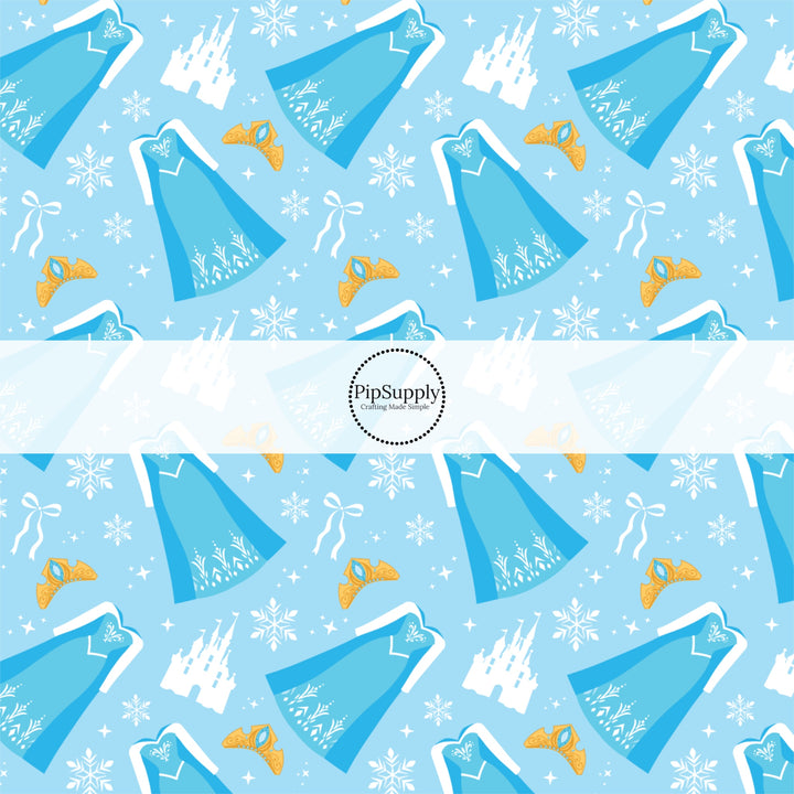 These magical princess themed fabric by the yard features dresses, tiaras, and bows on blue. This fun pattern fabric can be used for all your sewing and crafting needs!