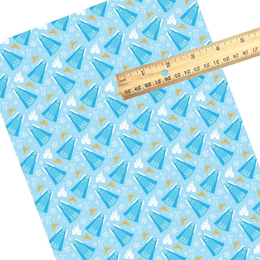 These magical princess themed faux leather sheets contain the following design elements: dresses, tiaras, and bows on blue. Our CPSIA compliant faux leather sheets or rolls can be used for all types of crafting projects.