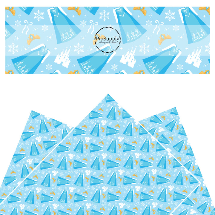 These magical princess themed faux leather sheets contain the following design elements: dresses, tiaras, and bows on blue. Our CPSIA compliant faux leather sheets or rolls can be used for all types of crafting projects.