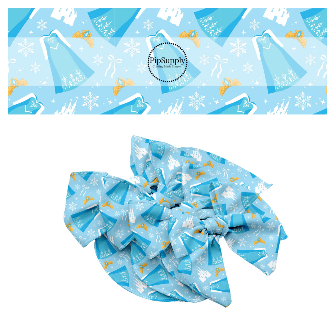 These magical princess themed no sew bow strips can be easily tied and attached to a clip for a finished hair bow. These bow strips are great for personal use or to sell. These bow strips feature the following design elements: dresses, tiaras, and bows on blue.