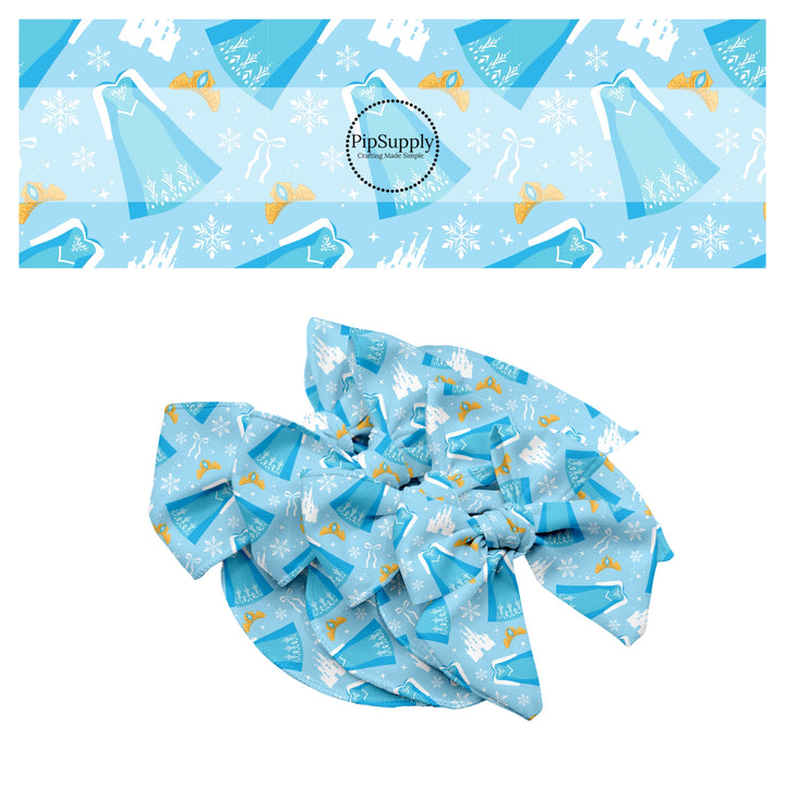 These magical princess themed no sew bow strips can be easily tied and attached to a clip for a finished hair bow. These bow strips are great for personal use or to sell. These bow strips feature the following design elements: dresses, tiaras, and bows on blue.