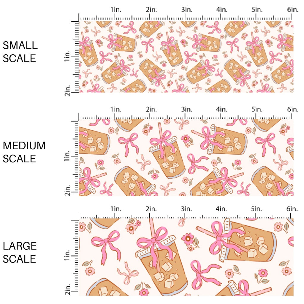 This holiday fabric by the yard features iced coffee with pink bows. This festive pattern fabric can be used for all your sewing and crafting needs! 