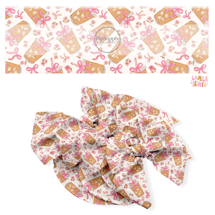 These holiday no sew bow strips can be easily tied and attached to a clip for a finished hair bow. These festive bow strips are great for personal use or to sell. These bow strips feature the following design elements: iced coffee with pink bows.