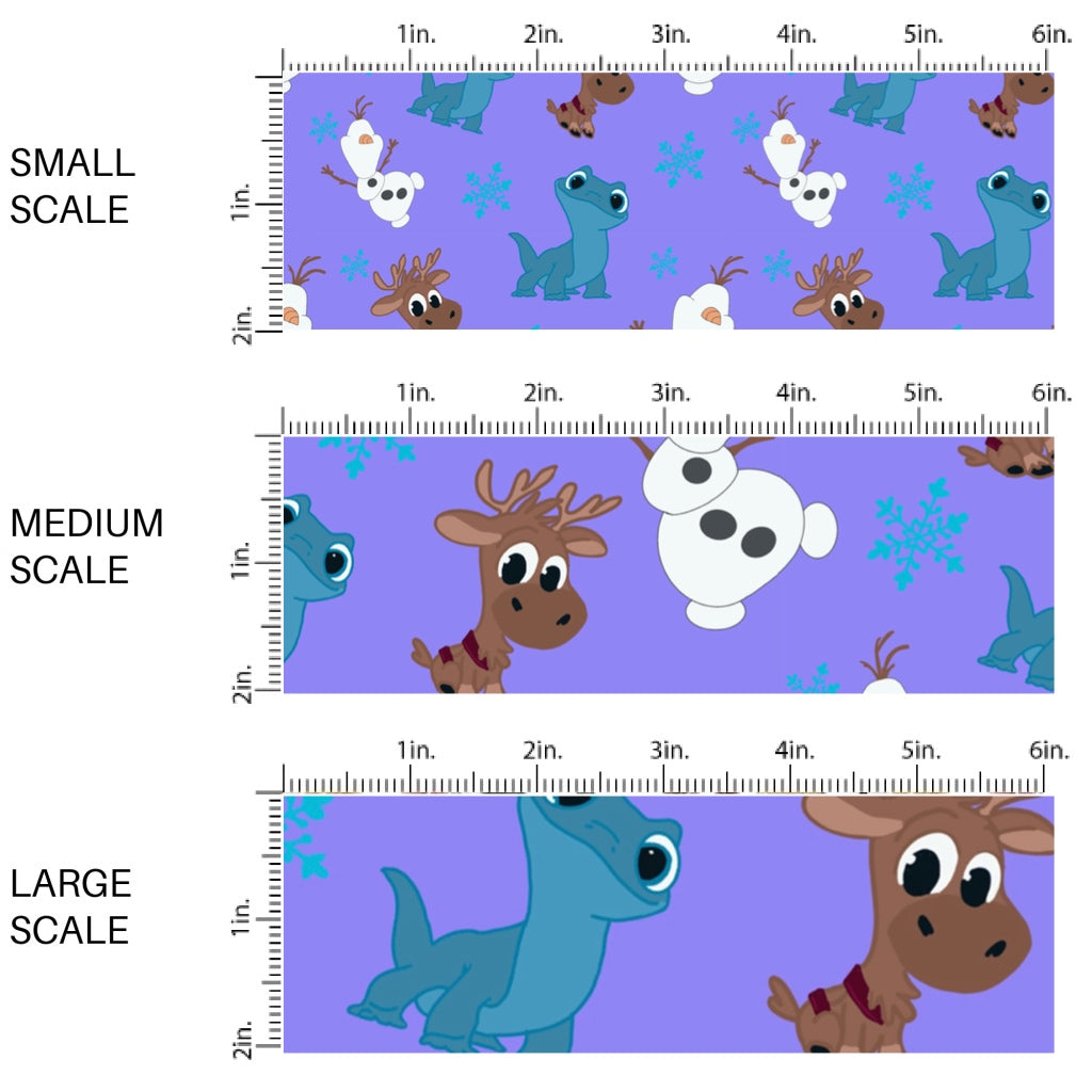 This scale chart of small scale, medium scale, and large scale of this winter movie themed fabric by the yard features the following design: snowman, reindeers, and salamander friends surrounded by snowflakes on purple. This fun themed fabric can be used for all your sewing and crafting needs!