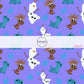 This winter movie themed fabric by the yard features the following design: snowman, reindeers, and salamander friends surrounded by snowflakes on purple. This fun themed fabric can be used for all your sewing and crafting needs!
