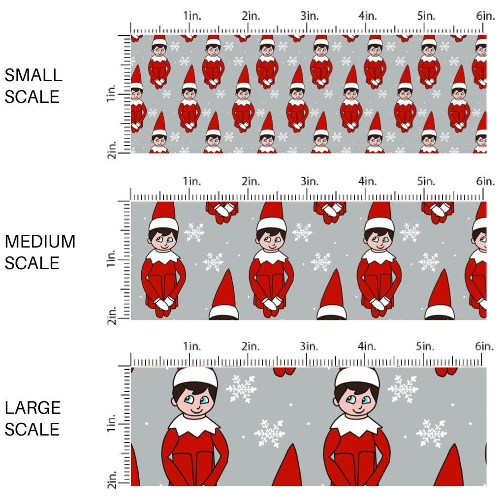 These Christmas themed pattern fabric by the yard features the following design elements: elves on grey. This fun themed fabric can be used for all your sewing and crafting needs!