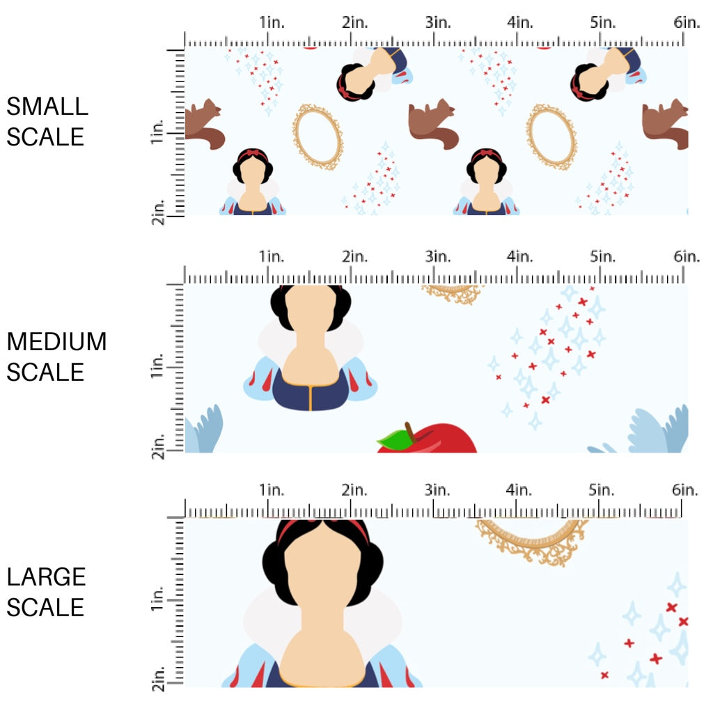 This scale chart of small scale, medium scale, and large scale of this magical adventure inspired fabric by the yard features the following design: princess, apples, mirrors, and small creatures on light blue. This fun themed fabric can be used for all your sewing and crafting needs!