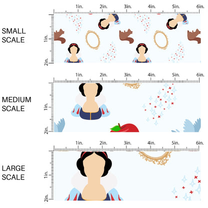 This scale chart of small scale, medium scale, and large scale of this magical adventure inspired fabric by the yard features the following design: princess, apples, mirrors, and small creatures on light blue. This fun themed fabric can be used for all your sewing and crafting needs!