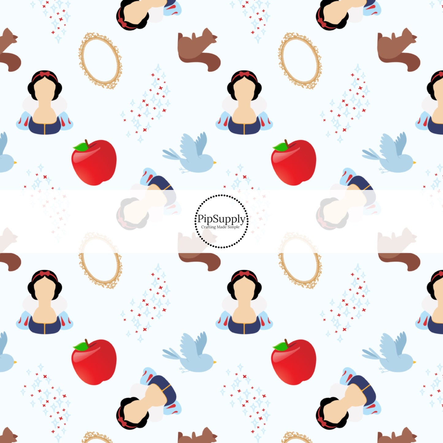 This magical adventure inspired fabric by the yard features the following design: princess, apples, mirrors, and small creatures on light blue. This fun themed fabric can be used for all your sewing and crafting needs!