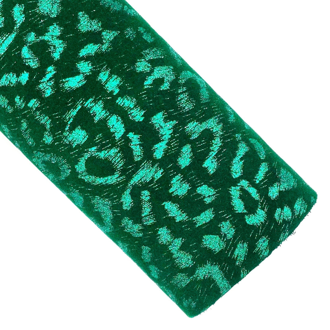 Deep Emerald Metallic Leopard Velvet Vegan Leather Sheets