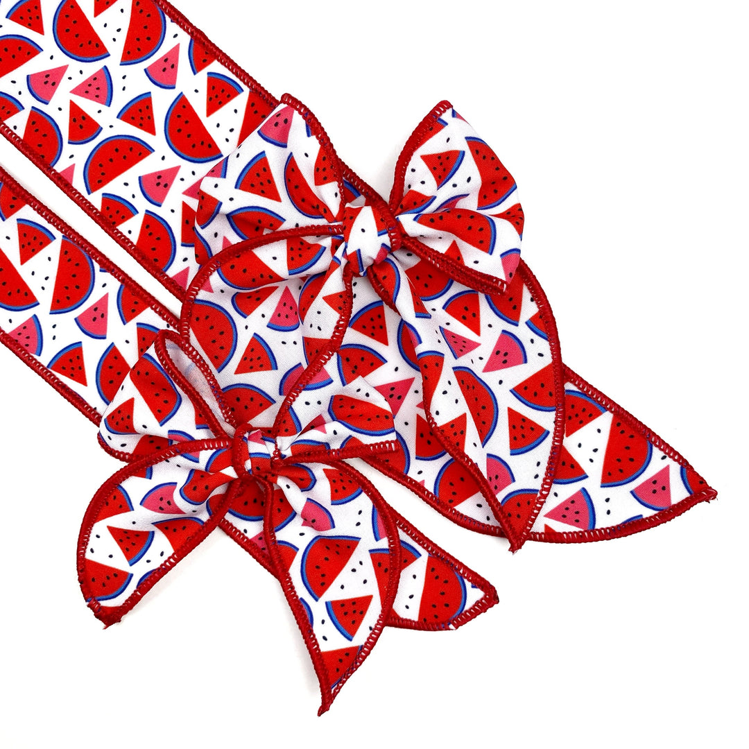 These patriotic serge edge fabric bow strips are made from woven polyester with cotton-like resemblance. Perfect for this summer and Independence Day! These hair no sew bow strips can be easily tied and attached to a clip for a finished hair bow. Hand wash in cold water and air dry.