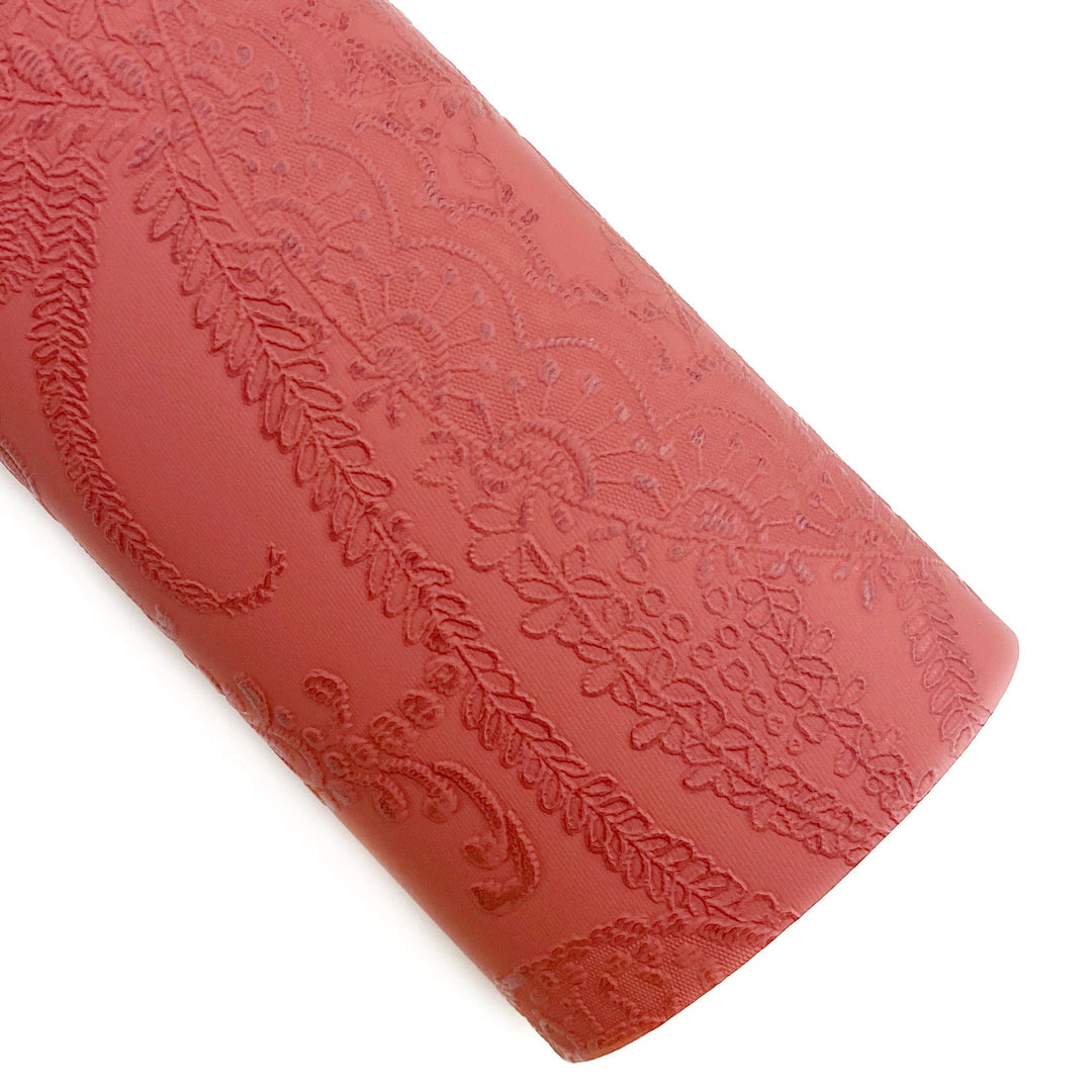 Burnt Red Applique Lace Embossed Vegan Leather Sheets