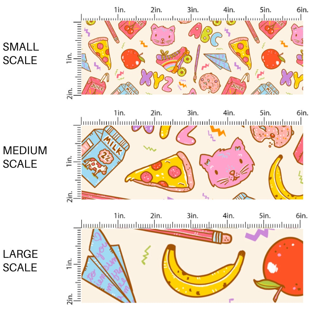 These school themed fabric by the yard features cafeteria food on cream. This fun themed fabric can be used for all your sewing and crafting needs!