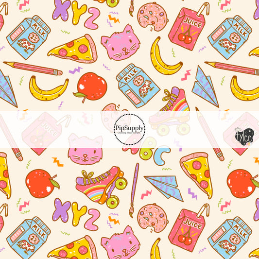 These school themed fabric by the yard features cafeteria food on cream. This fun themed fabric can be used for all your sewing and crafting needs!