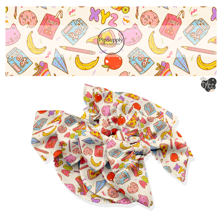 These school themed no sew bow strips can be easily tied and attached to a clip for a finished hair bow. These fun patterned bow strips are great for personal use or to sell. These bow strips feature cafeteria food on cream.