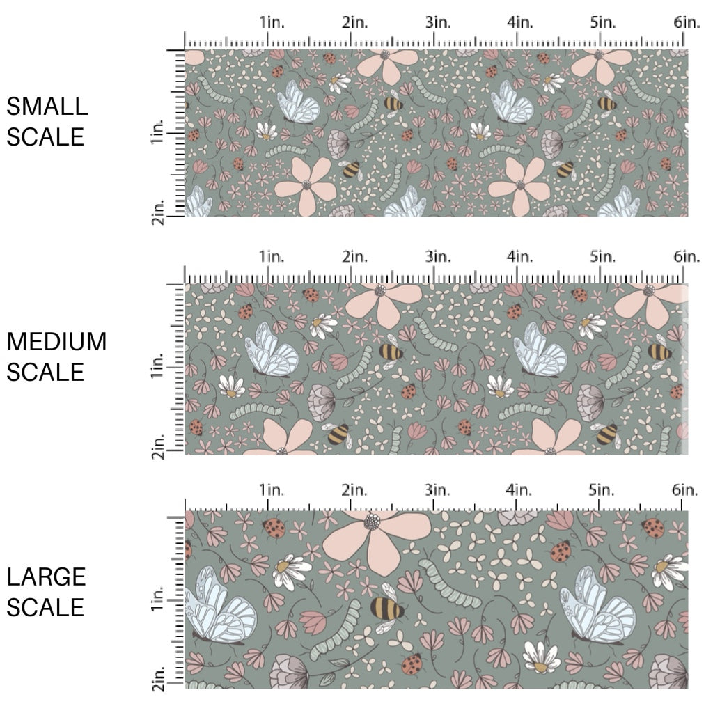 These spring fabric by the yard features flowers, butterflies, bees, lady bugs, and caterpillars on green. This fun pattern fabric can be used for all your sewing and crafting needs!