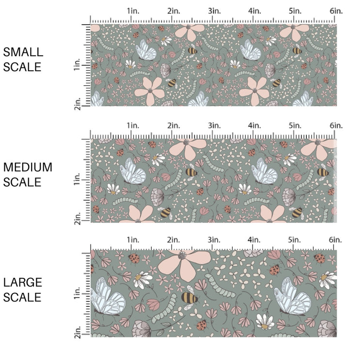 These spring fabric by the yard features flowers, butterflies, bees, lady bugs, and caterpillars on green. This fun pattern fabric can be used for all your sewing and crafting needs!