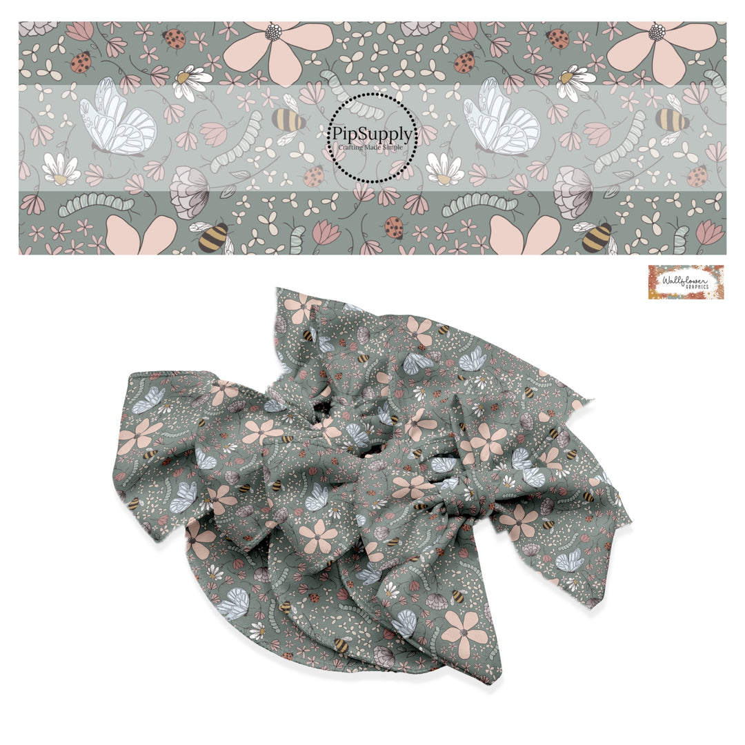 These spring themed no sew bow strips can be easily tied and attached to a clip for a finished hair bow. These festive bow strips are great for personal use or to sell. These bow strips feature the following design elements: flowers, butterflies, bees, lady bugs, and caterpillars on green.