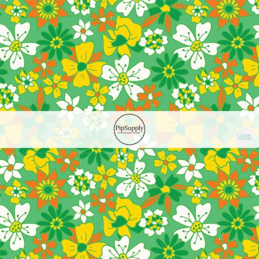 Yellow, Orange, and White Floral Green Fabric by the Yard.