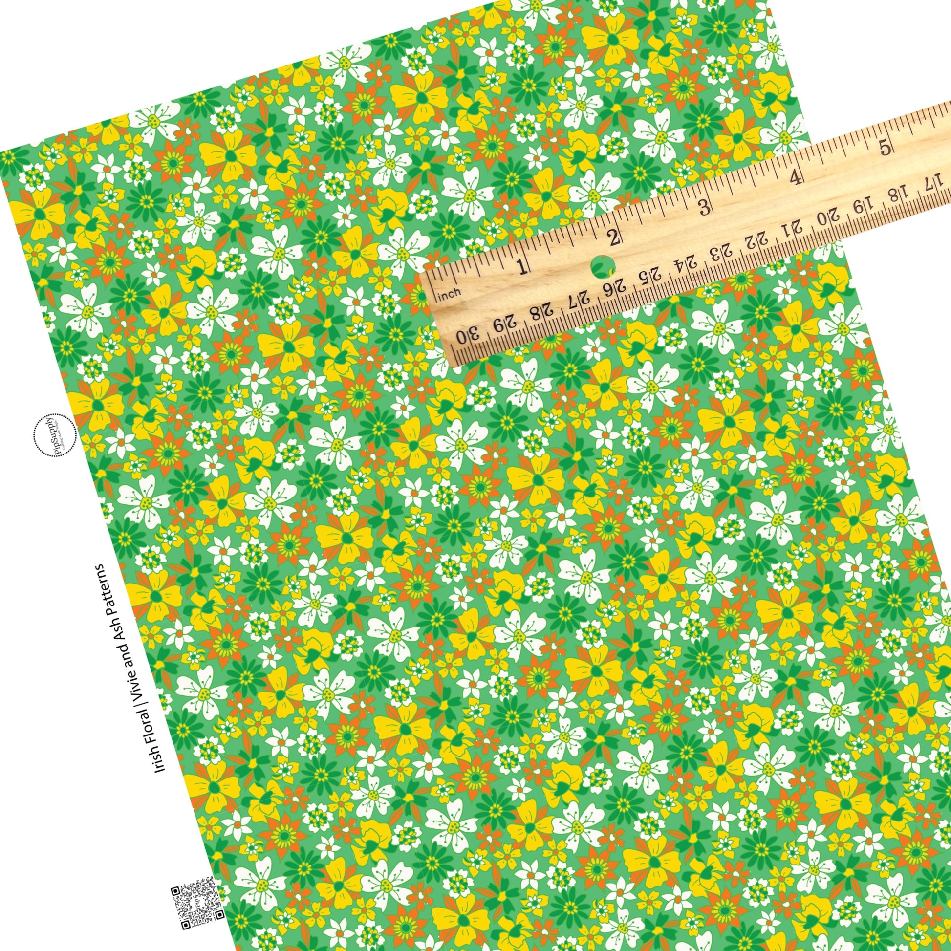 These St. Patrick's Day pattern themed faux leather sheets contain the following design elements: yellow, orange, white, and dark green flowers on green. Our CPSIA compliant faux leather sheets or rolls can be used for all types of crafting projects.