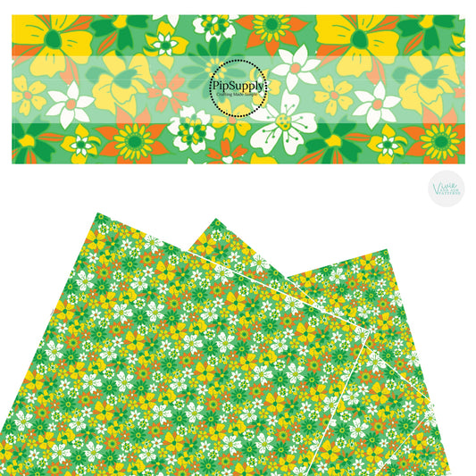 These St. Patrick's Day pattern themed faux leather sheets contain the following design elements: yellow, orange, white, and dark green flowers on green. Our CPSIA compliant faux leather sheets or rolls can be used for all types of crafting projects.