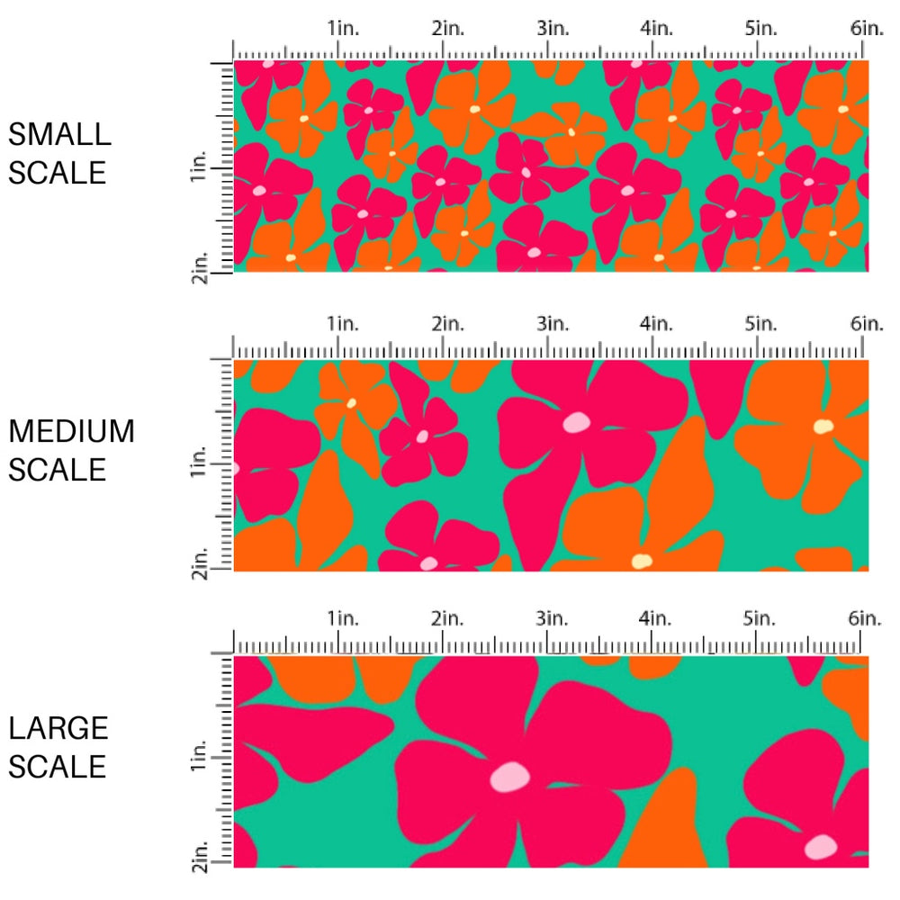 This scale chart of small scale, medium scale, and large scale of this tropical fabric by the yard features pink and orange tropical flowers on green. This fun summer themed fabric can be used for all your sewing and crafting needs!