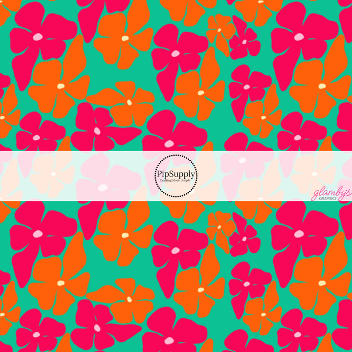 These tropical floral themed no sew bow strips can be easily tied and attached to a clip for a finished hair bow. These summer patterned bow strips are great for personal use or to sell. These bow strips feature pink and orange tropical flowers on green.