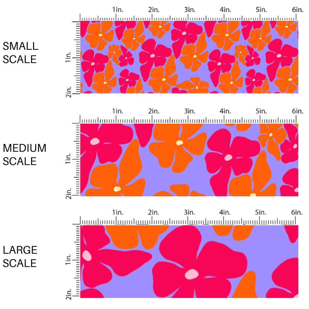 This scale chart of small scale, medium scale, and large scale of this tropical fabric by the yard features pink and orange tropical flowers on purple. This fun summer themed fabric can be used for all your sewing and crafting needs!