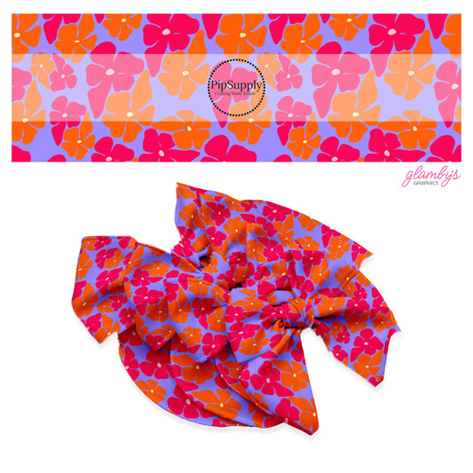 These tropical floral themed no sew bow strips can be easily tied and attached to a clip for a finished hair bow. These summer patterned bow strips are great for personal use or to sell. These bow strips feature pink and orange tropical flowers on purple.