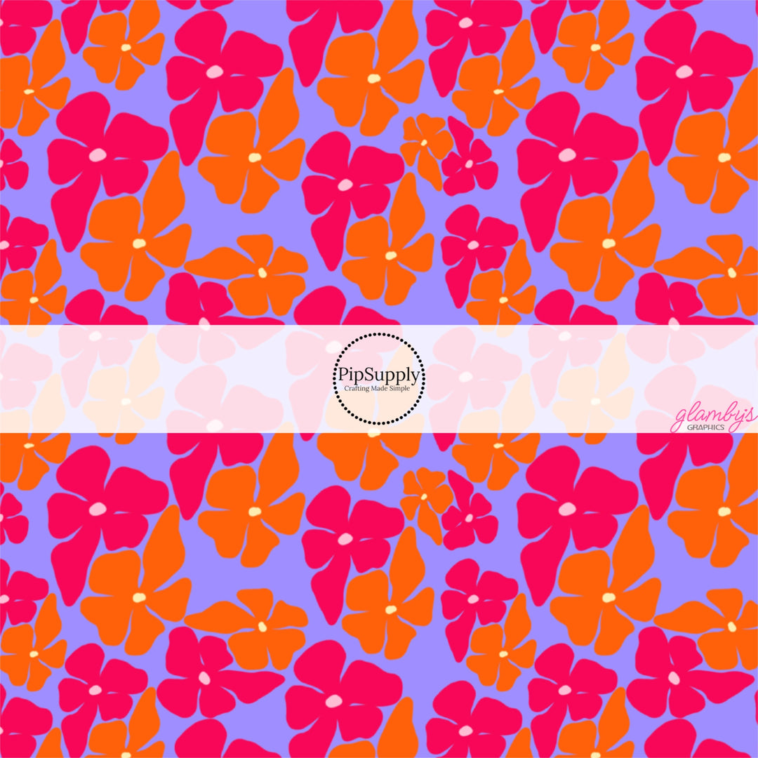 These tropical floral themed no sew bow strips can be easily tied and attached to a clip for a finished hair bow. These summer patterned bow strips are great for personal use or to sell. These bow strips feature pink and orange tropical flowers on purple.