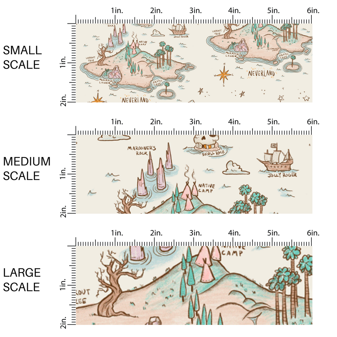 This scale image of small scale, medium scale, and large scale of  these adventure maps on cream fabric by the yard features islands, boats, skulls, and compasses on cream.